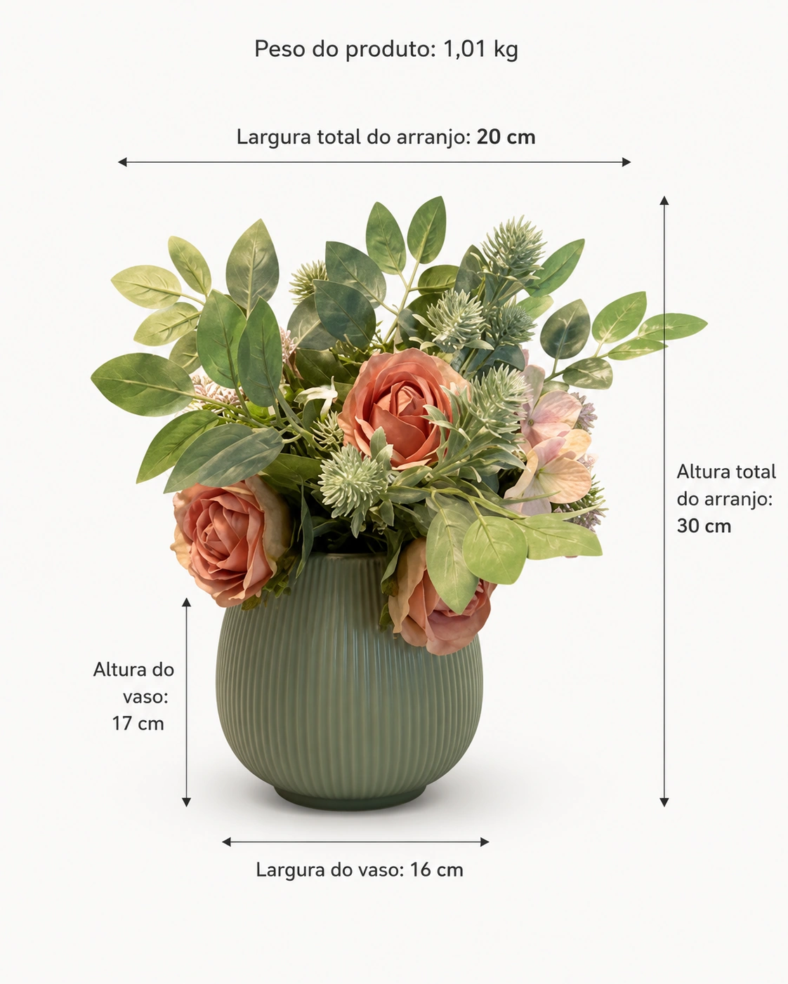 Arranjo de Rosas Permanentes Salmão com Folhagens em Vaso Verde Texturizado 6