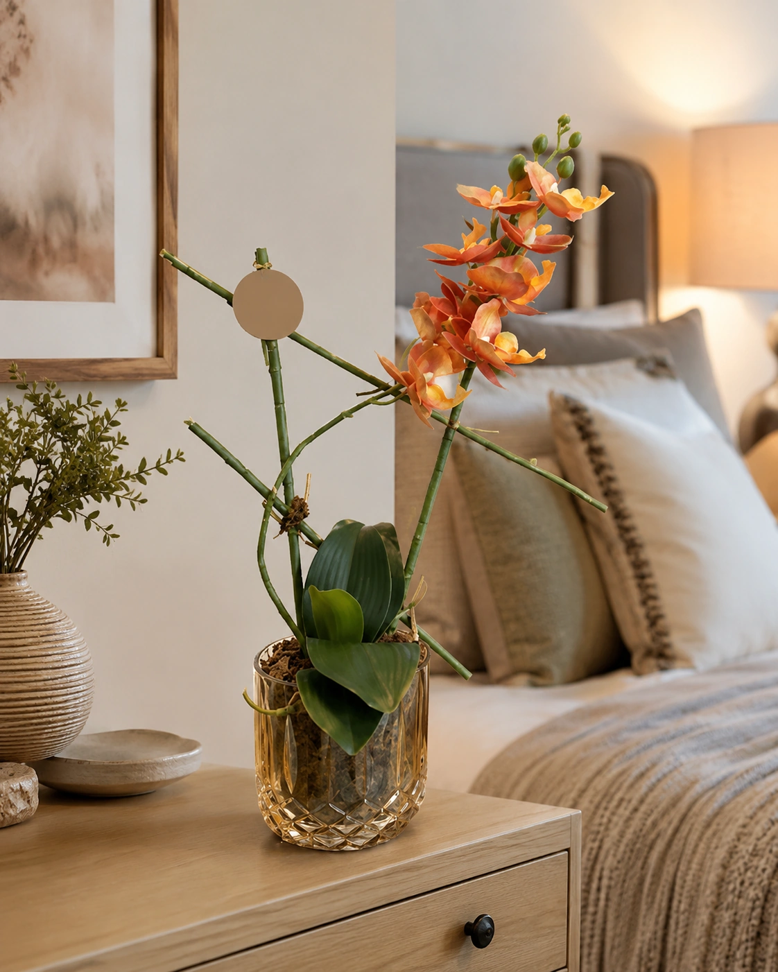 Arranjo de Mini Orquídea Artificial Salmão - Vaso de Vidro Texturizado Âmbar 2