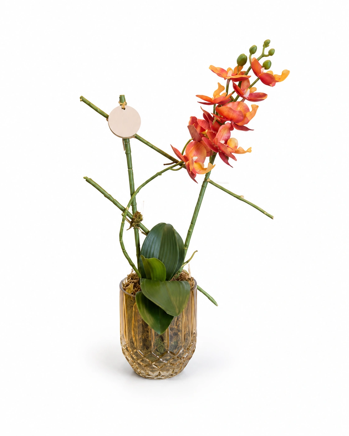 Arranjo de Mini Orquídea Artificial Salmão - Vaso de Vidro Texturizado Âmbar 5
