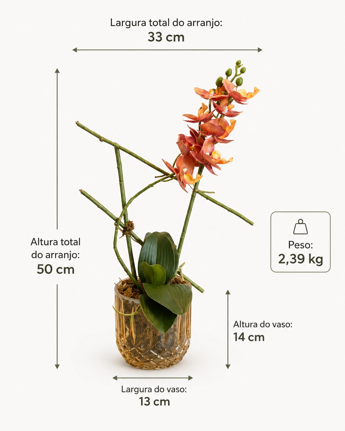 Arranjo de Mini Orquídea Artificial Salmão - Vaso de Vidro Texturizado Âmbar 6