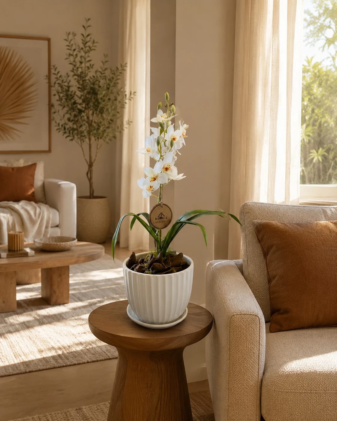 Arranjo de Orquídea Branca Pequena - Vaso de Cerâmica Canelado Off-White