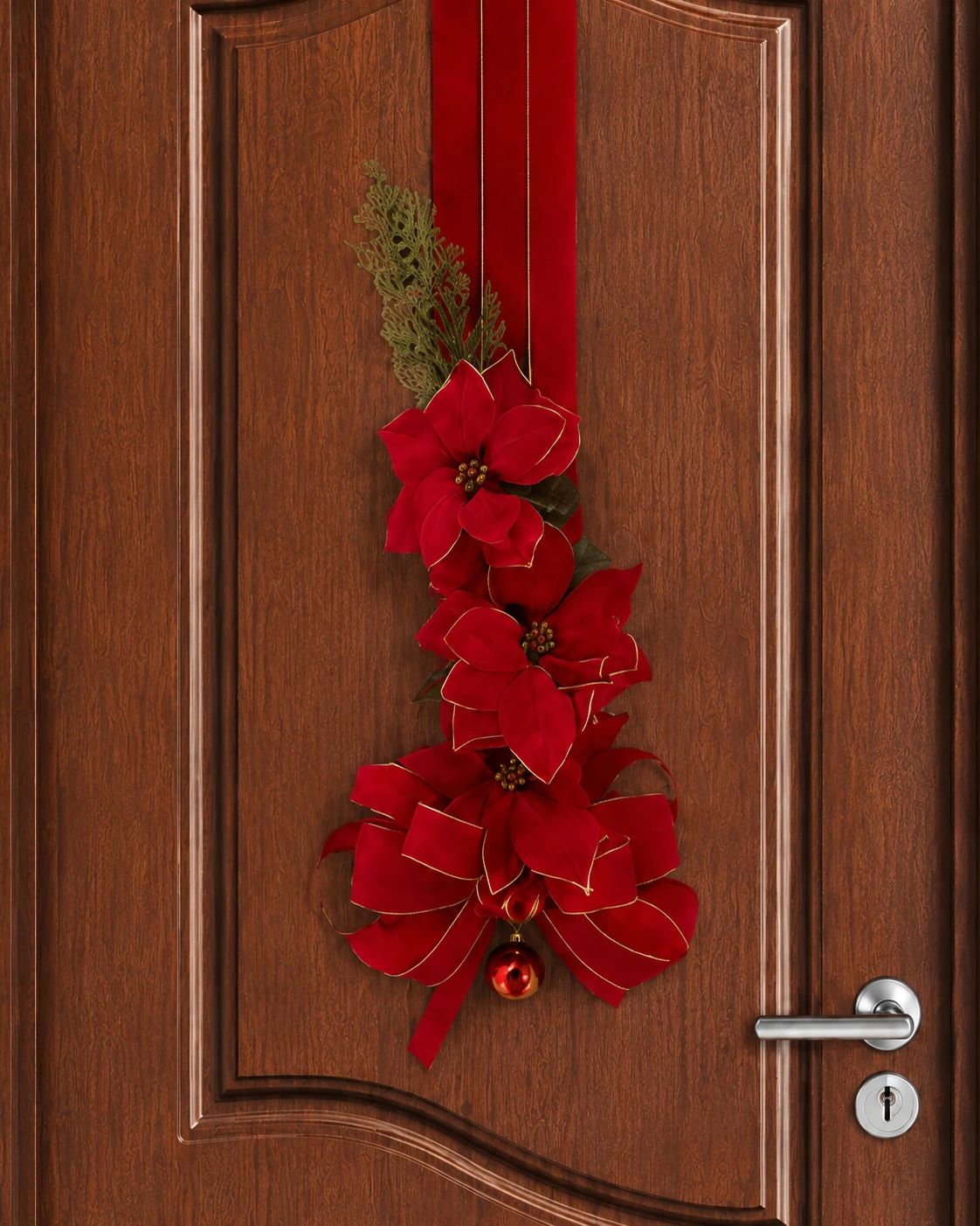 Escapulário de Porta Natalino Cascata de Poinsettias - Enfeite Duplo Vermelho e Ouro Luxo 2