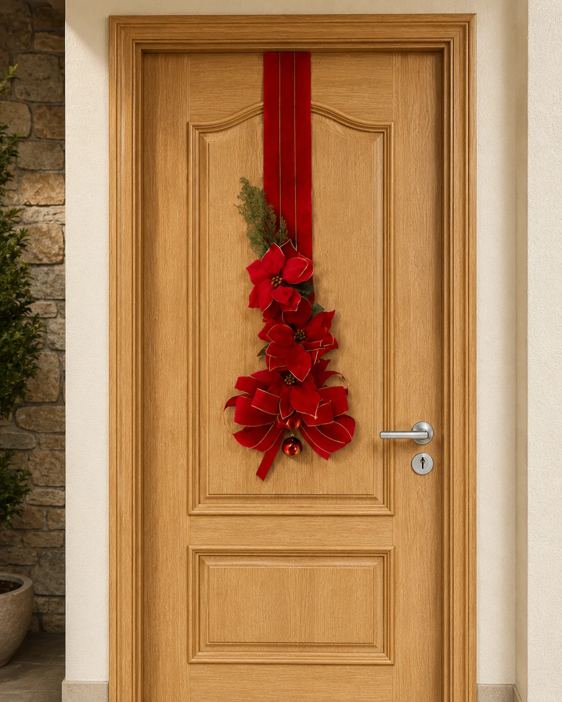 Escapulário de Porta Natalino Cascata de Poinsettias - Enfeite Duplo Vermelho e Ouro Luxo 3