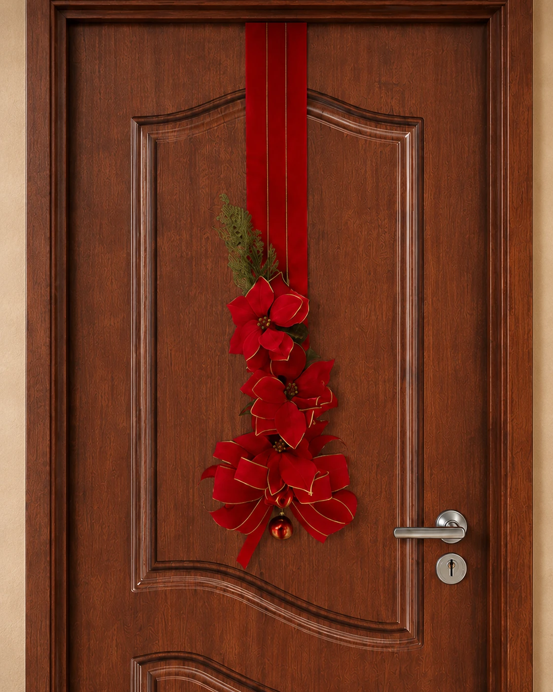 Escapulário de Porta Natalino Cascata de Poinsettias - Enfeite Duplo Vermelho e Ouro Luxo 4