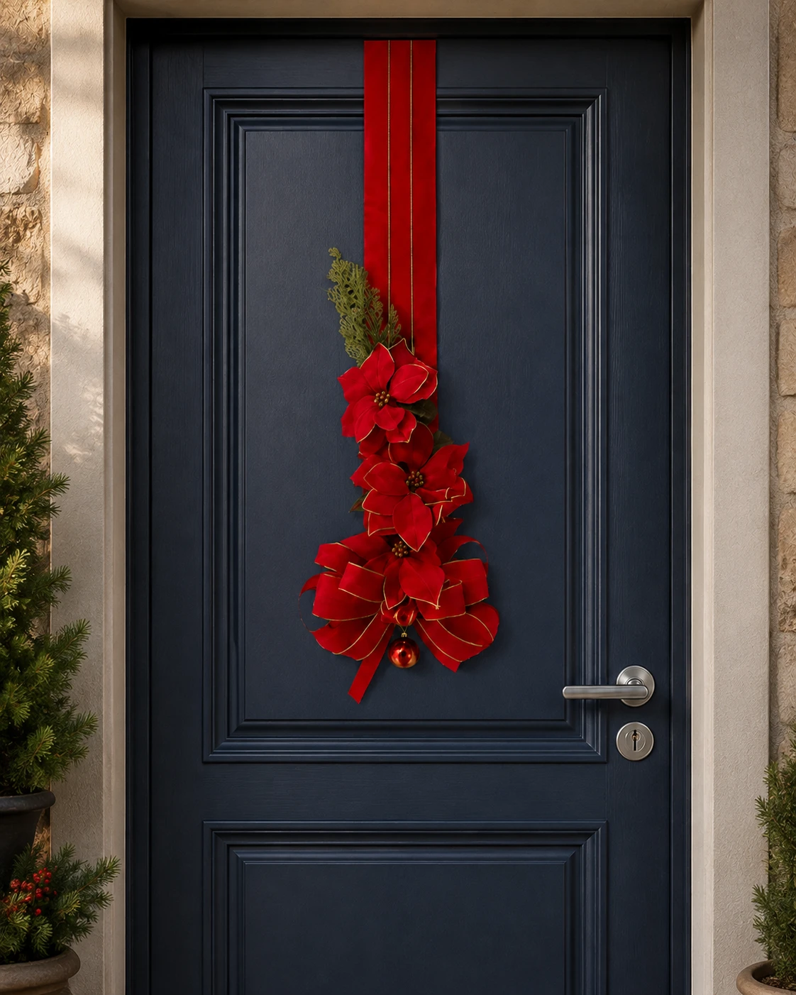 Escapulário de Porta Natalino Cascata de Poinsettias - Enfeite Duplo Vermelho e Ouro Luxo 5