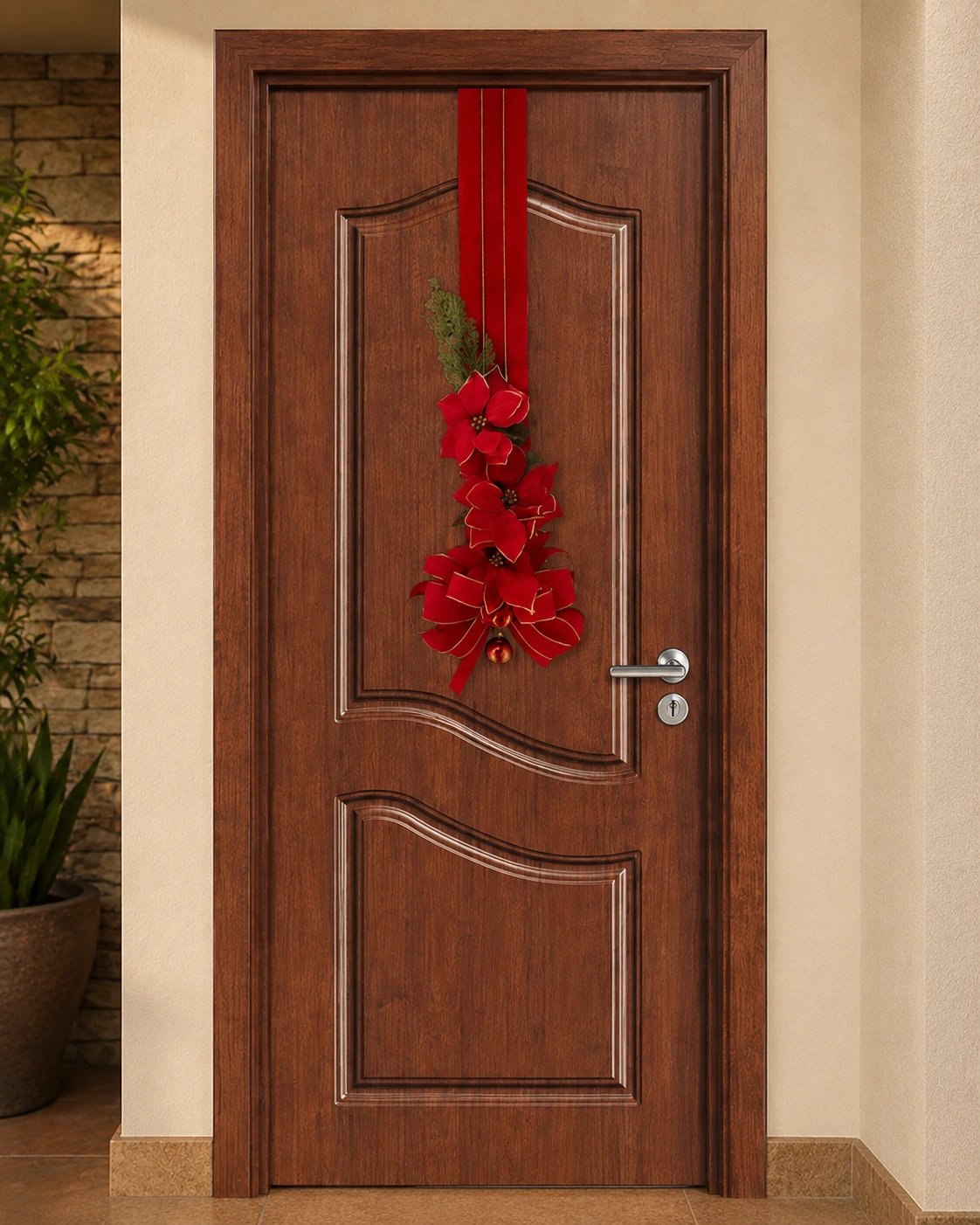 Escapulário de Porta Natalino Cascata de Poinsettias - Enfeite Duplo Vermelho e Ouro Luxo 6