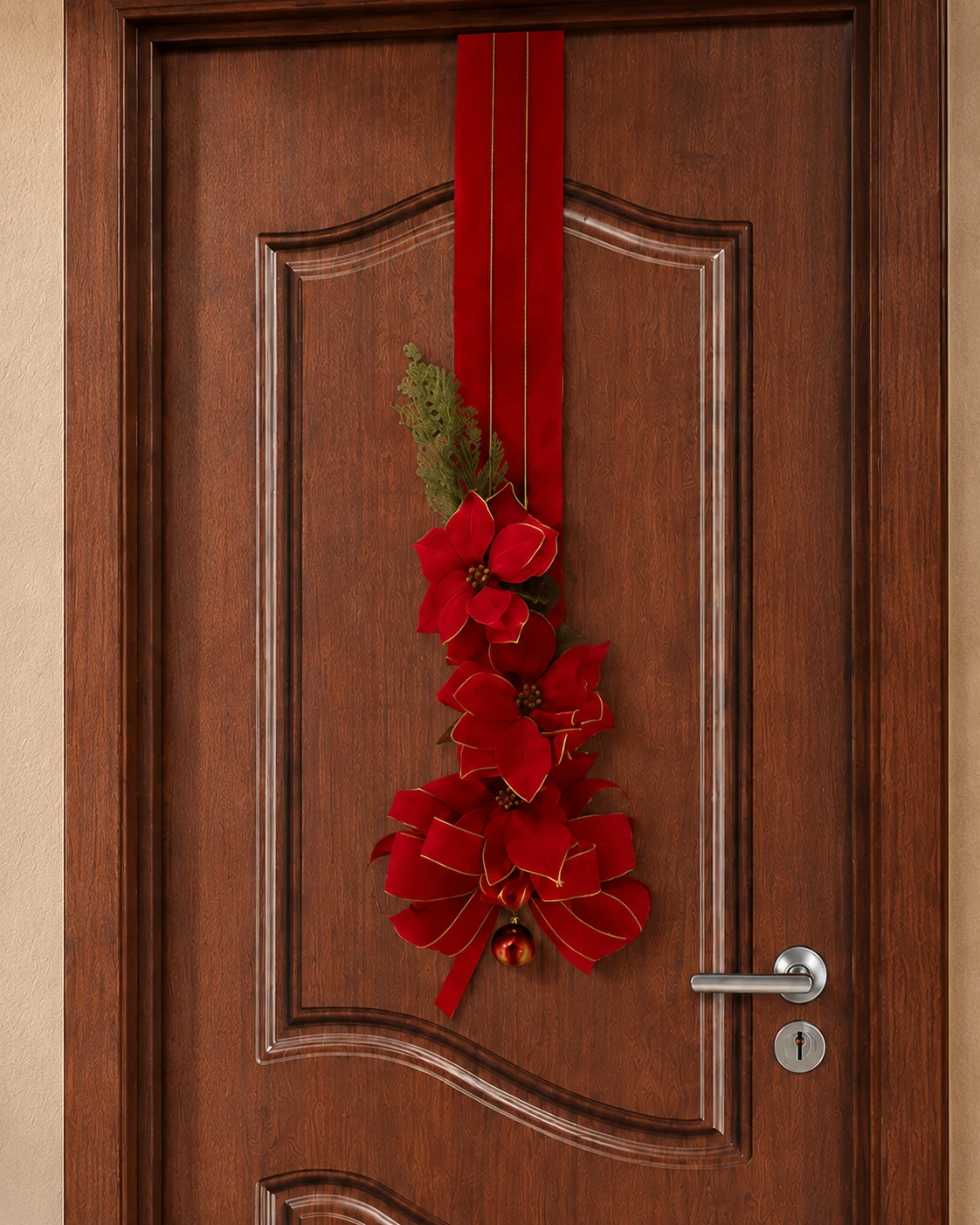 Escapulário de Porta Natalino Cascata de Poinsettias - Enfeite Duplo Vermelho e Ouro Luxo 7