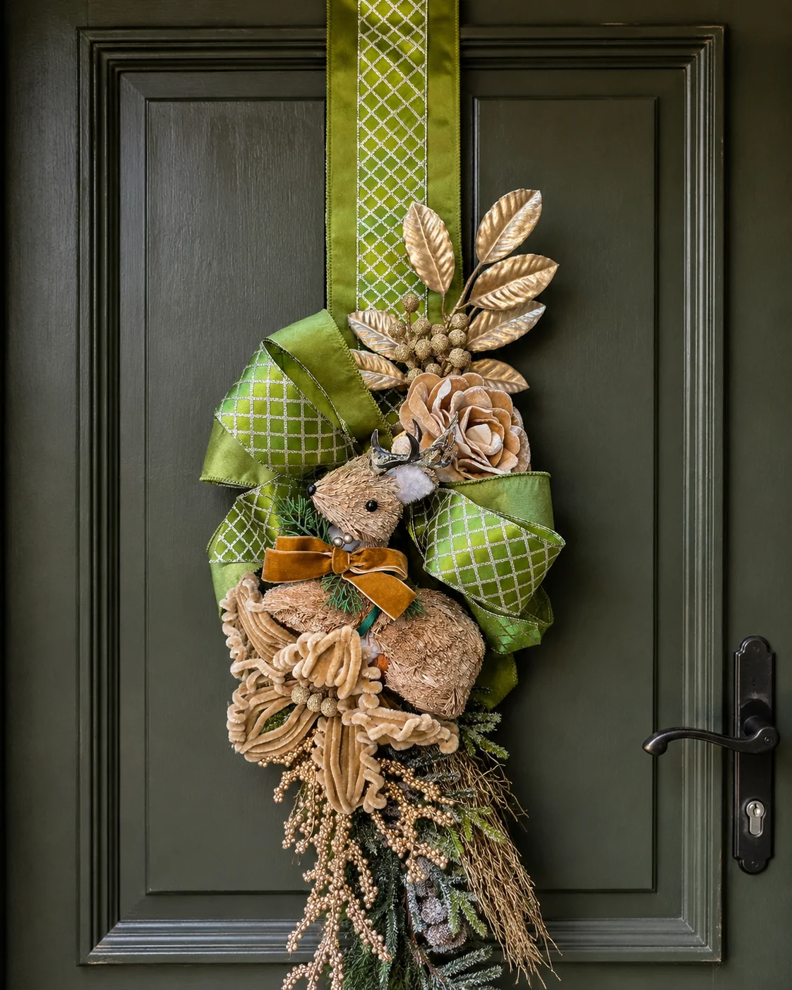Escapulário de Porta Natalino Cervo e Dourado - Enfeite Duplo Premium Verde Sage