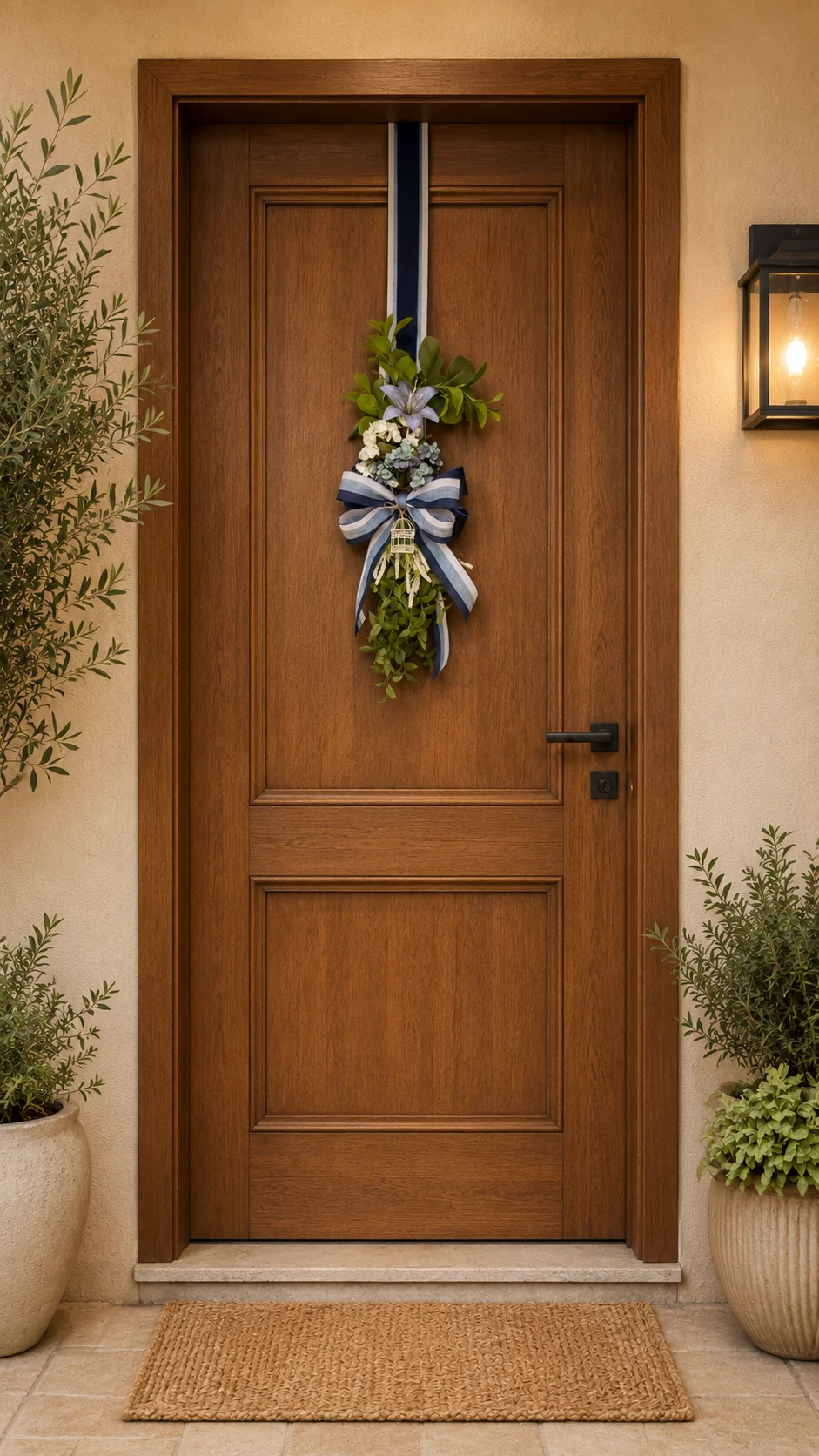 Escapulário de Porta Swag Floral Azul e Branco - Guirlanda Vertical com Laço e Gaiola 2