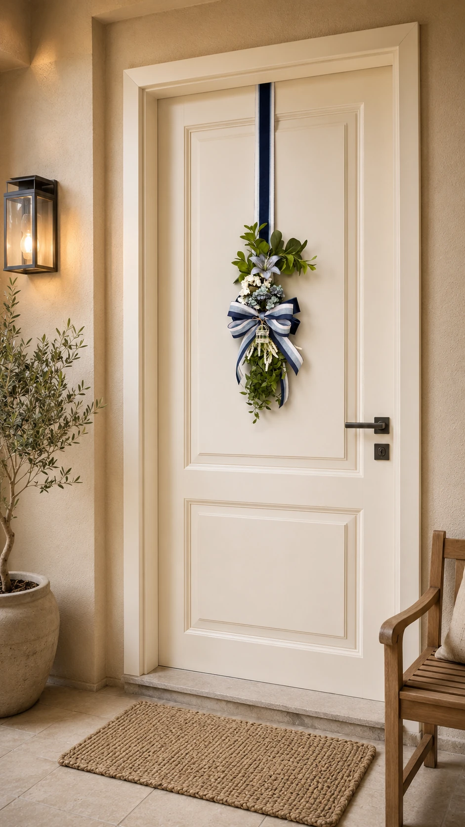 Escapulário de Porta Swag Floral Azul e Branco - Guirlanda Vertical com Laço e Gaiola 3