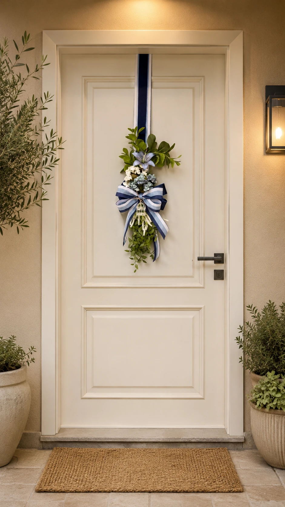 Escapulário de Porta Swag Floral Azul e Branco - Guirlanda Vertical com Laço e Gaiola 4
