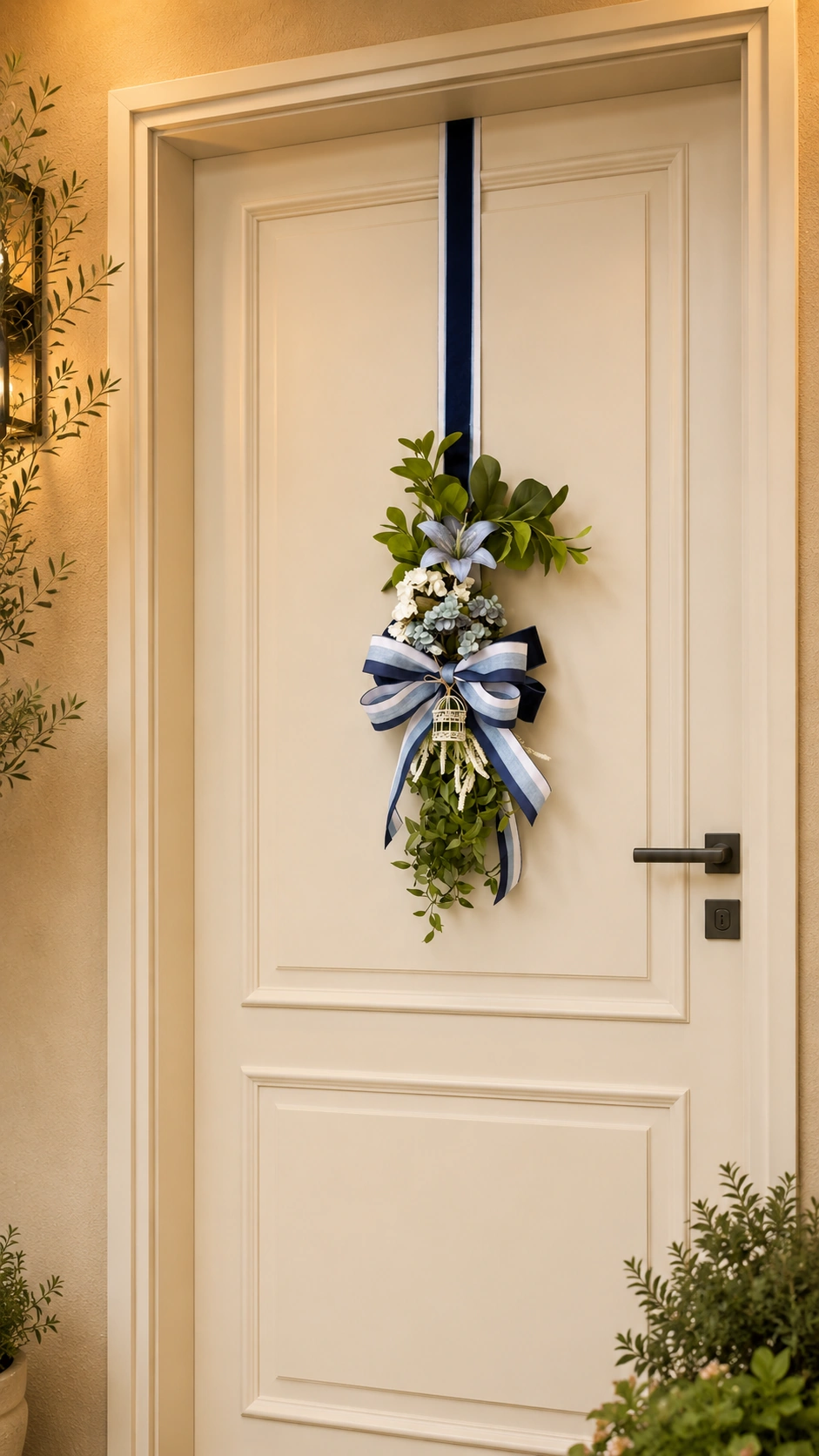 Escapulário de Porta Swag Floral Azul e Branco - Guirlanda Vertical com Laço e Gaiola 5