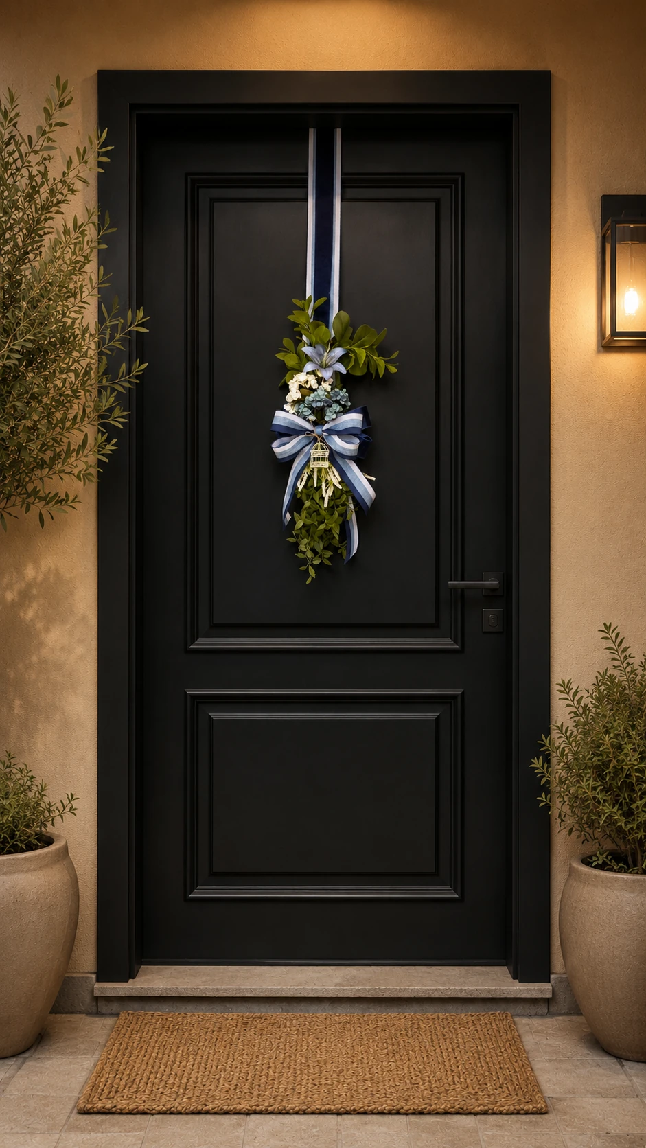 Escapulário de Porta Swag Floral Azul e Branco - Guirlanda Vertical com Laço e Gaiola 6
