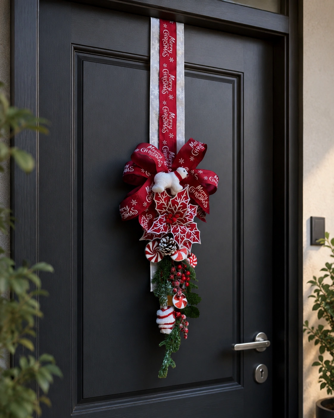 Escapulário de Porta Natalino com Urso Polar e Poinsettia