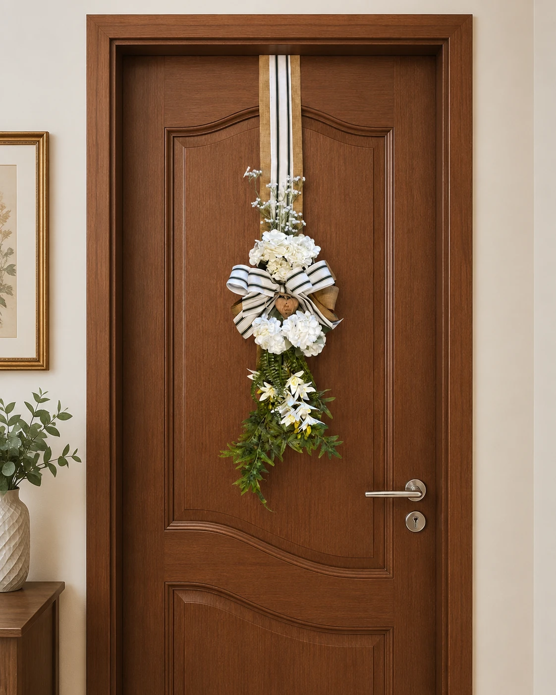 Escapulário de Porta Branco com Hortênsias, Lírios e Laço Listrado Verde 3