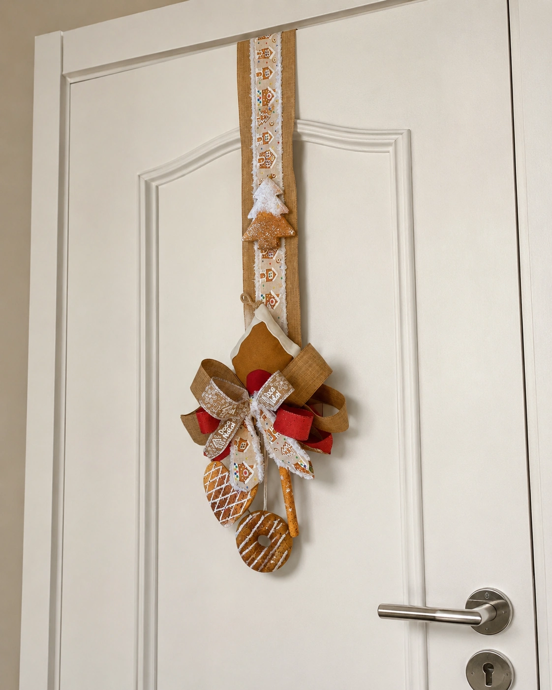 Escapulário de Porta Natalino Gingerbread com Laço de Juta e Enfeites de Biscoito