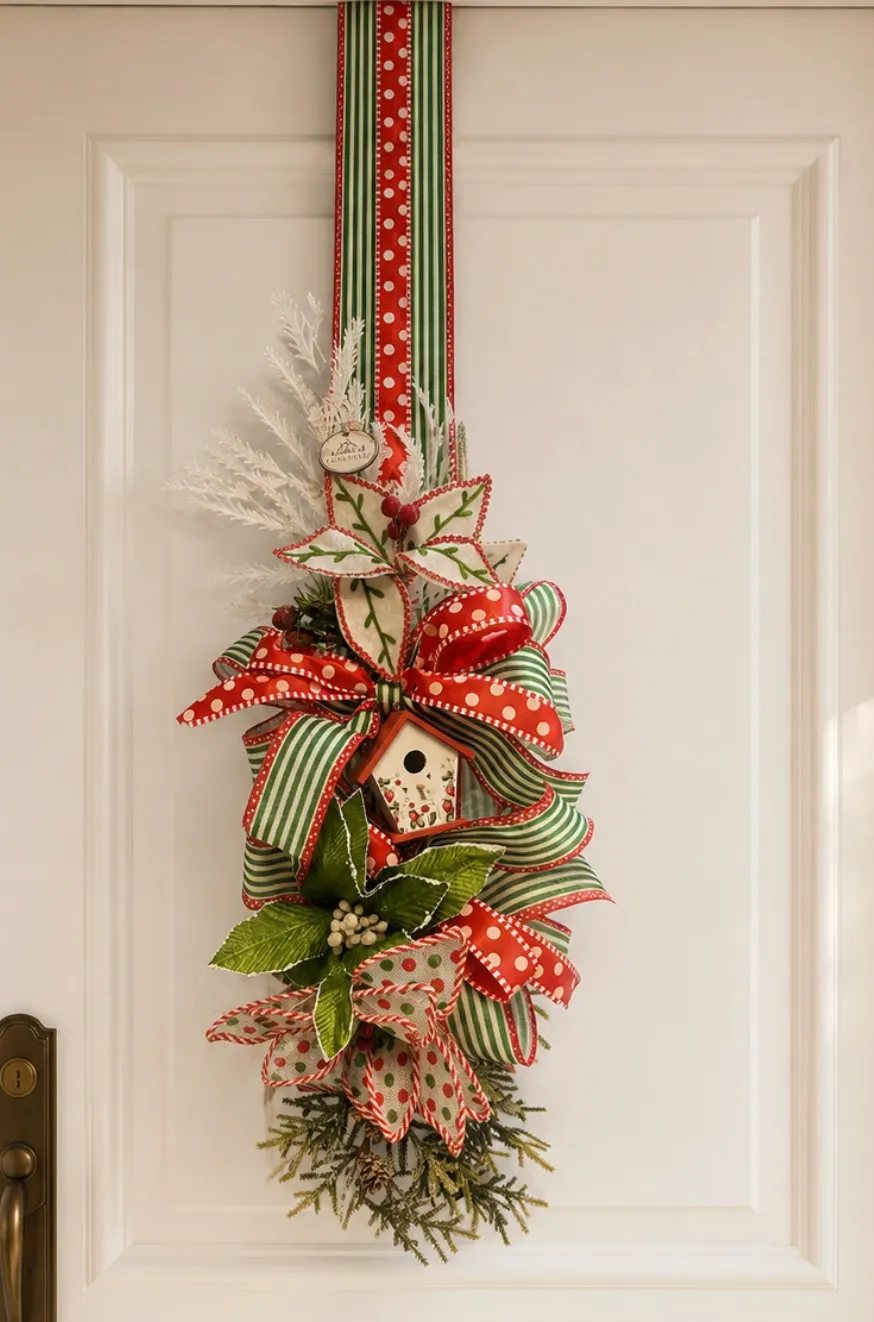 Escapulário de Porta Natalino Jardim do Papai Noel - Enfeite Duplo Verde e Poá Vermelho