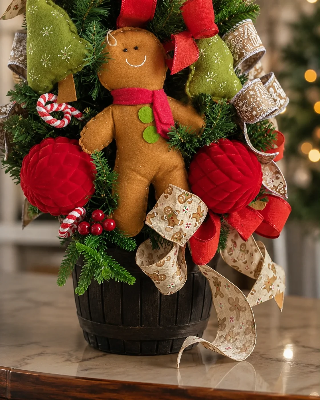 Kit com Escapulário de Porta de Natal e Árvore de Natal Pequena Decorada Gingerbread com Biscoitos e Doces 93cm 4