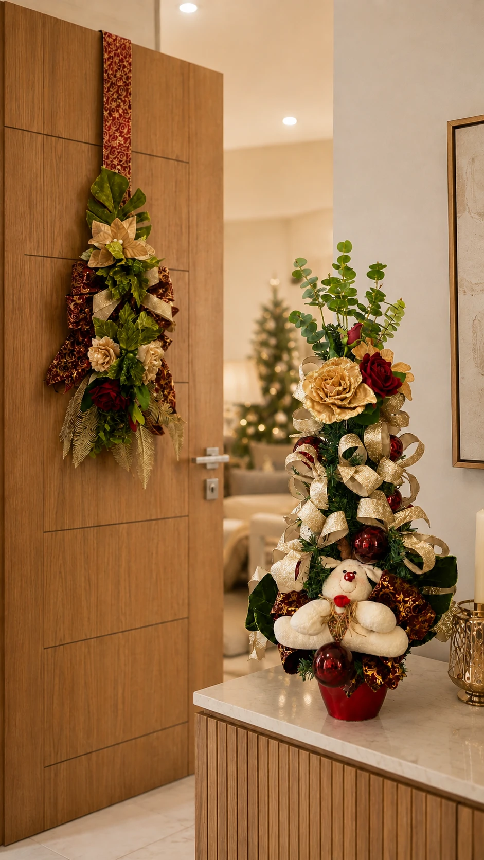 Kit com Escapulário de Porta de Natal e Árvore de Natal Pequena Decorada Urso Branco Marsala e Dourado 97cm