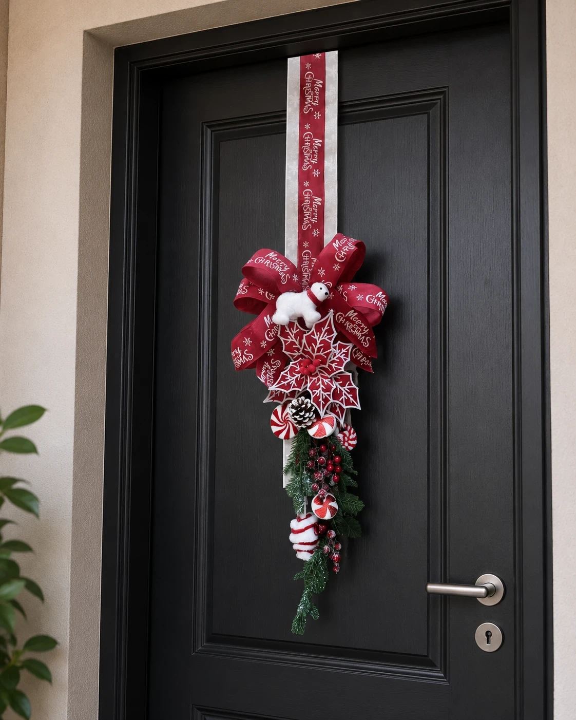 Kit com Escapulário de Porta de Natal e Árvore de Natal Pequena Decorada Encanto da Neve com Ursos Polares e Poinsettias 85cm 3
