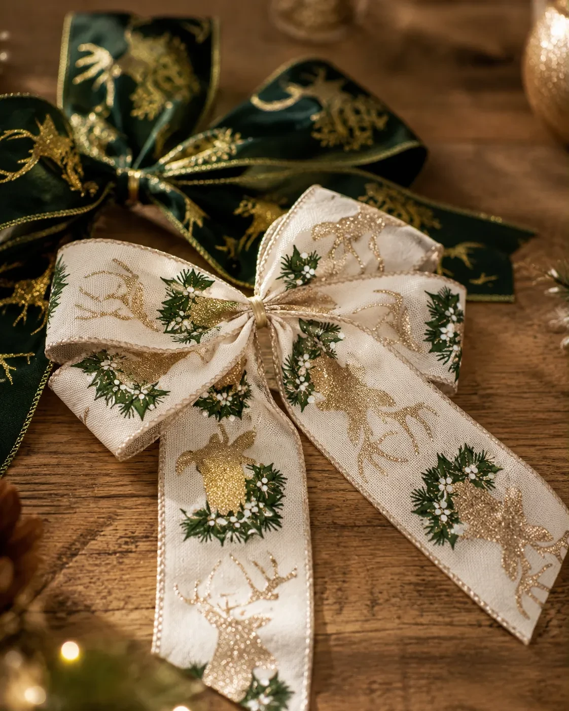 Laços para Árvore de Natal em 2 Modelos: Dourado + Merry Christmas | Kit com 10 Peças