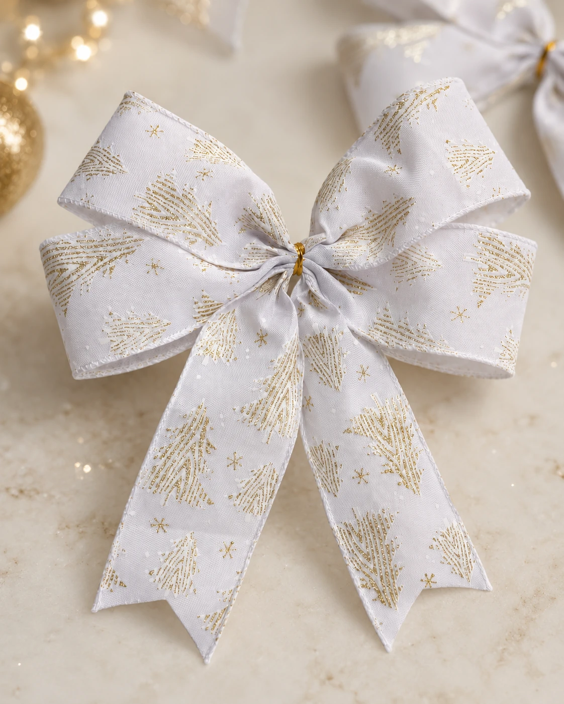 Laços para Árvore de Natal Brancos com Árvores Douradas | Kit com 8 Peças
