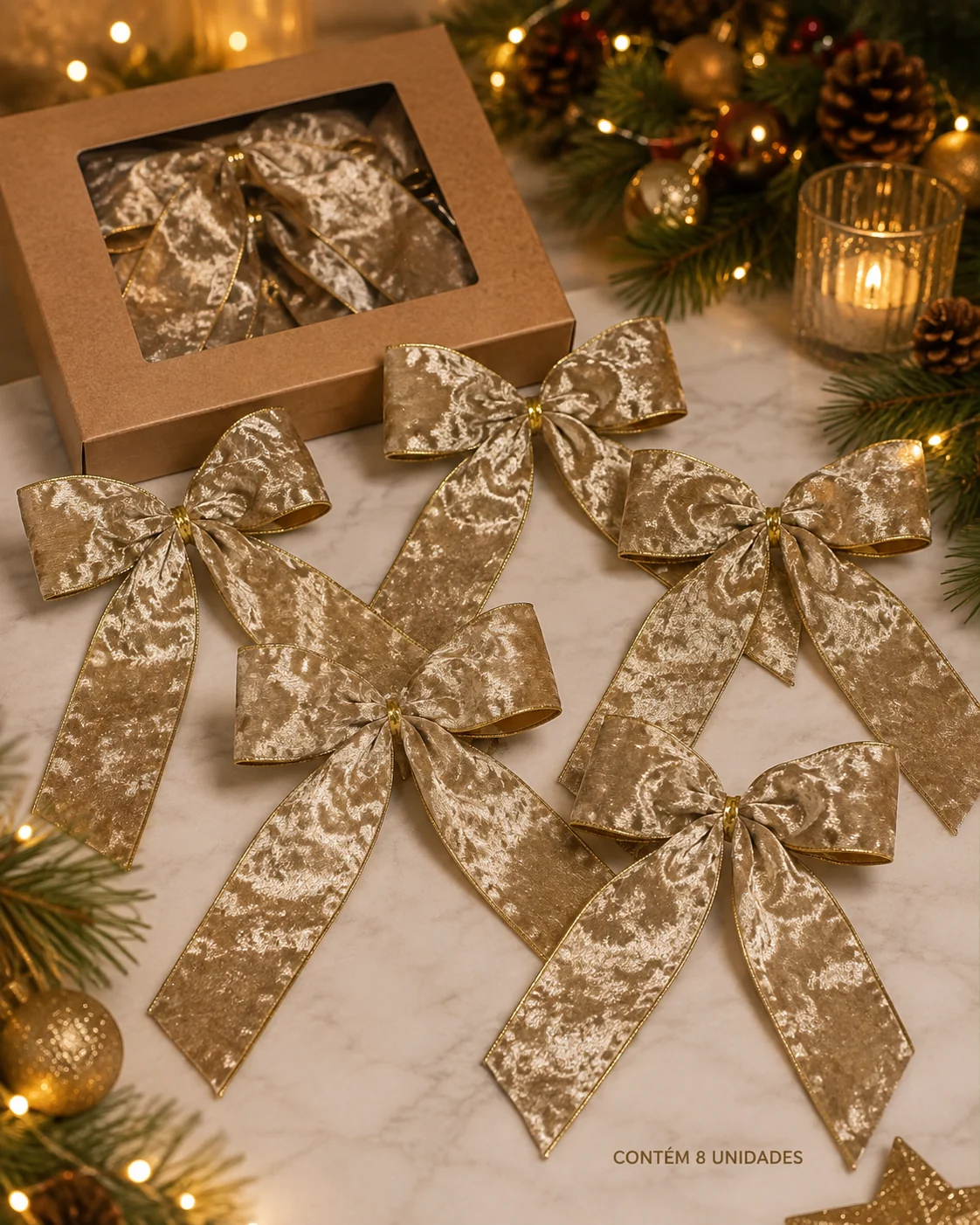 Laços para Árvore de Natal Dourados com Textura Aveludada | Kit com 8 Peças 2