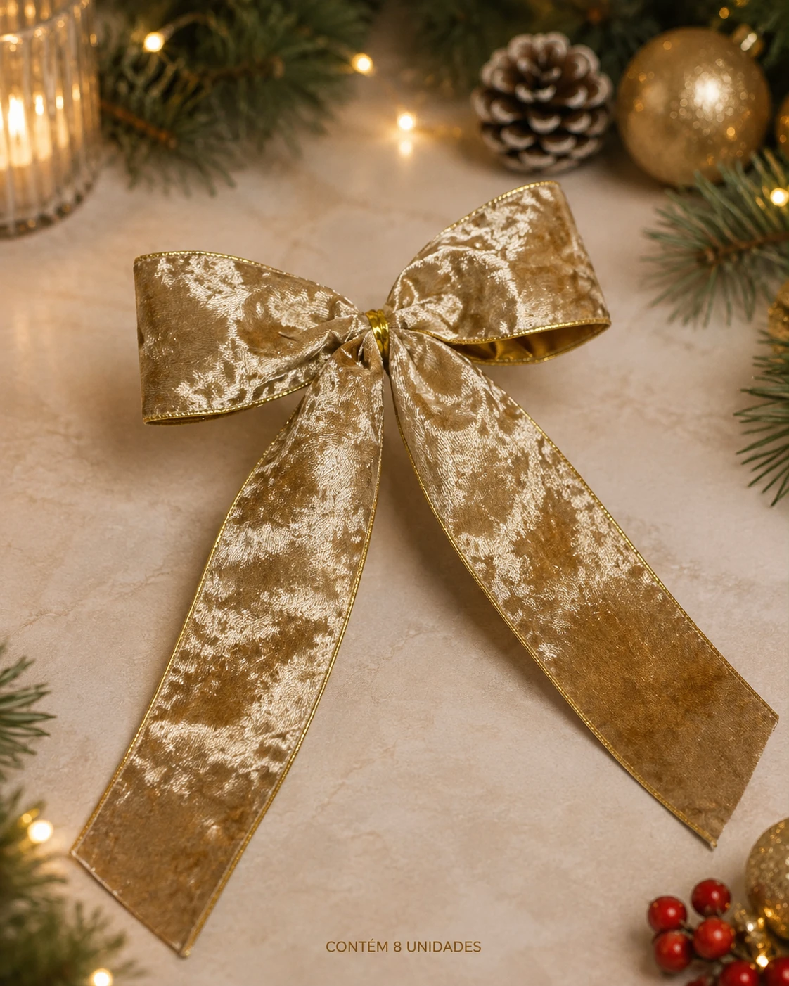 Laços para Árvore de Natal Dourados com Textura Aveludada | Kit com 8 Peças 3