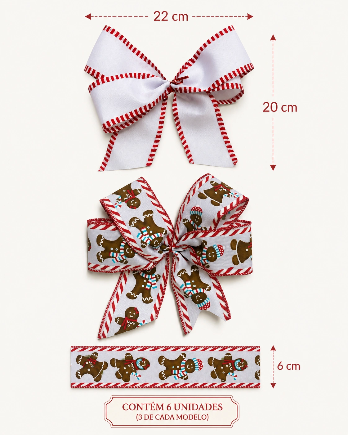 Laços para Árvore de Natal em 2 Modelos: Gingerbread + Branco com Borda Vermelha | Kit com 6 Peças 4