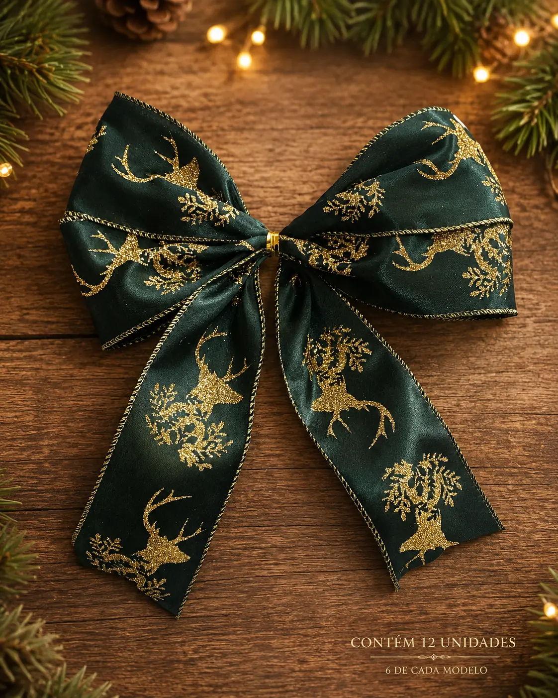 Laços para Árvore de Natal em 2 Modelos: Verde com Renas Douradas + Bege com Renas e Guirlandas | Kit com 12 Peças
