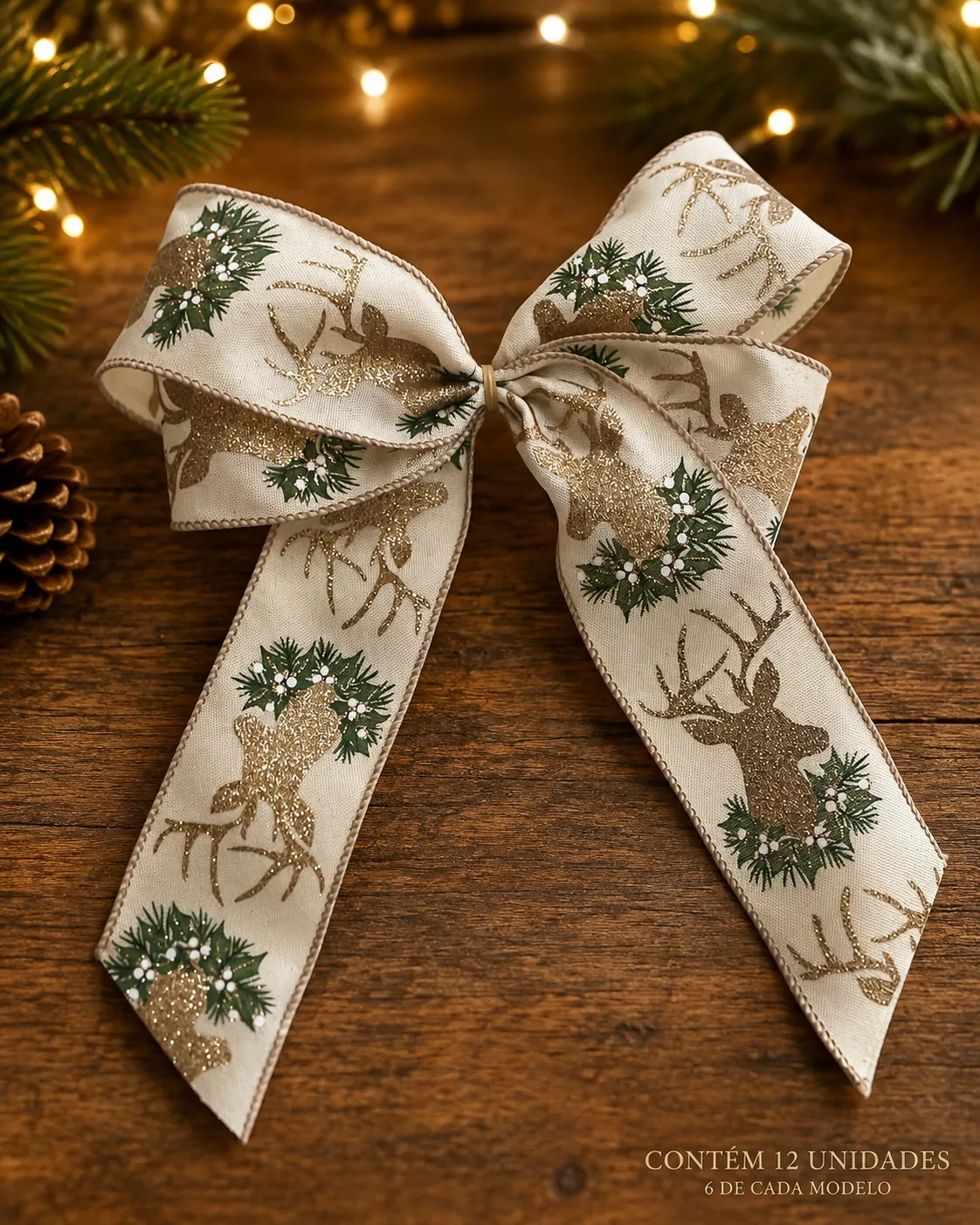 Laços para Árvore de Natal em 2 Modelos: Verde com Renas Douradas + Bege com Renas e Guirlandas | Kit com 12 Peças 2
