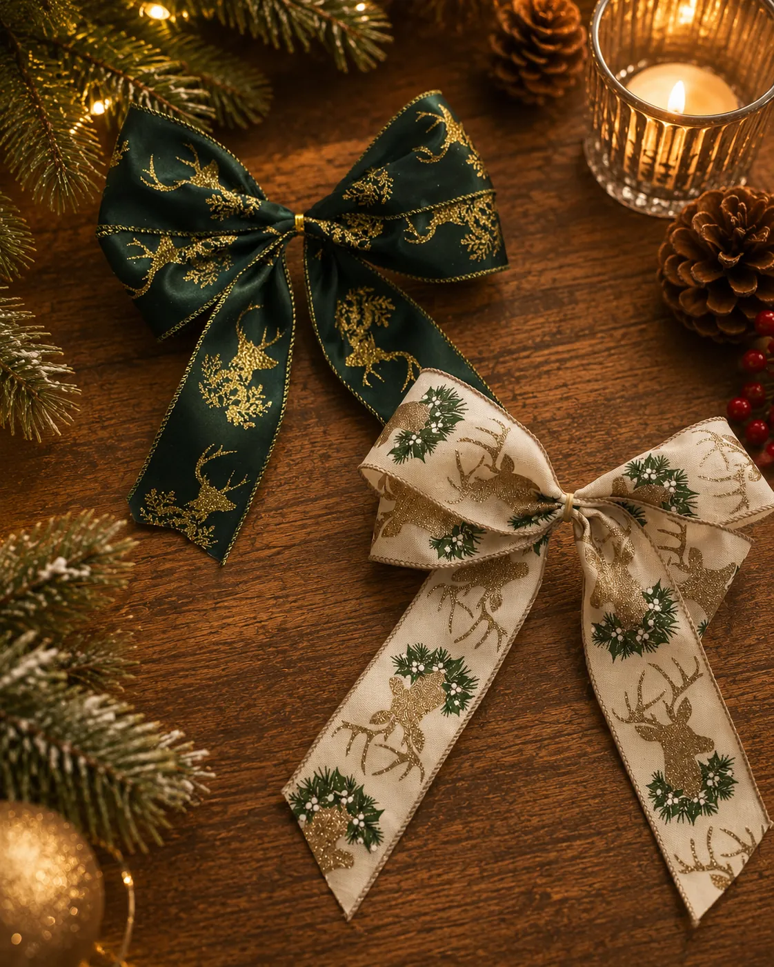 Laços para Árvore de Natal em 2 Modelos: Verde com Renas Douradas + Bege com Renas e Guirlandas | Kit com 12 Peças 3