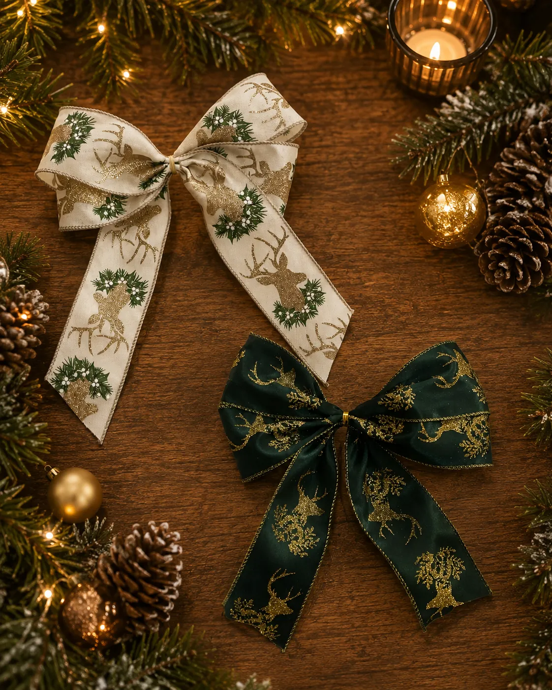 Laços para Árvore de Natal em 2 Modelos: Verde com Renas Douradas + Bege com Renas e Guirlandas | Kit com 12 Peças 4