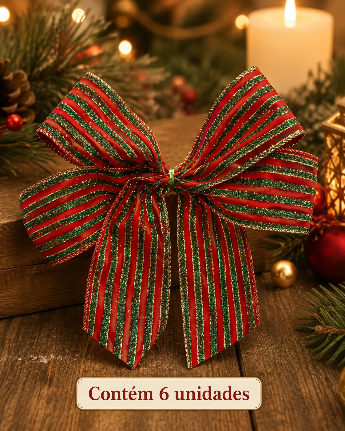 Laços para Árvore de Natal Listrados, Vermelho, Verde e Dourado | Kit com 6 Peças
