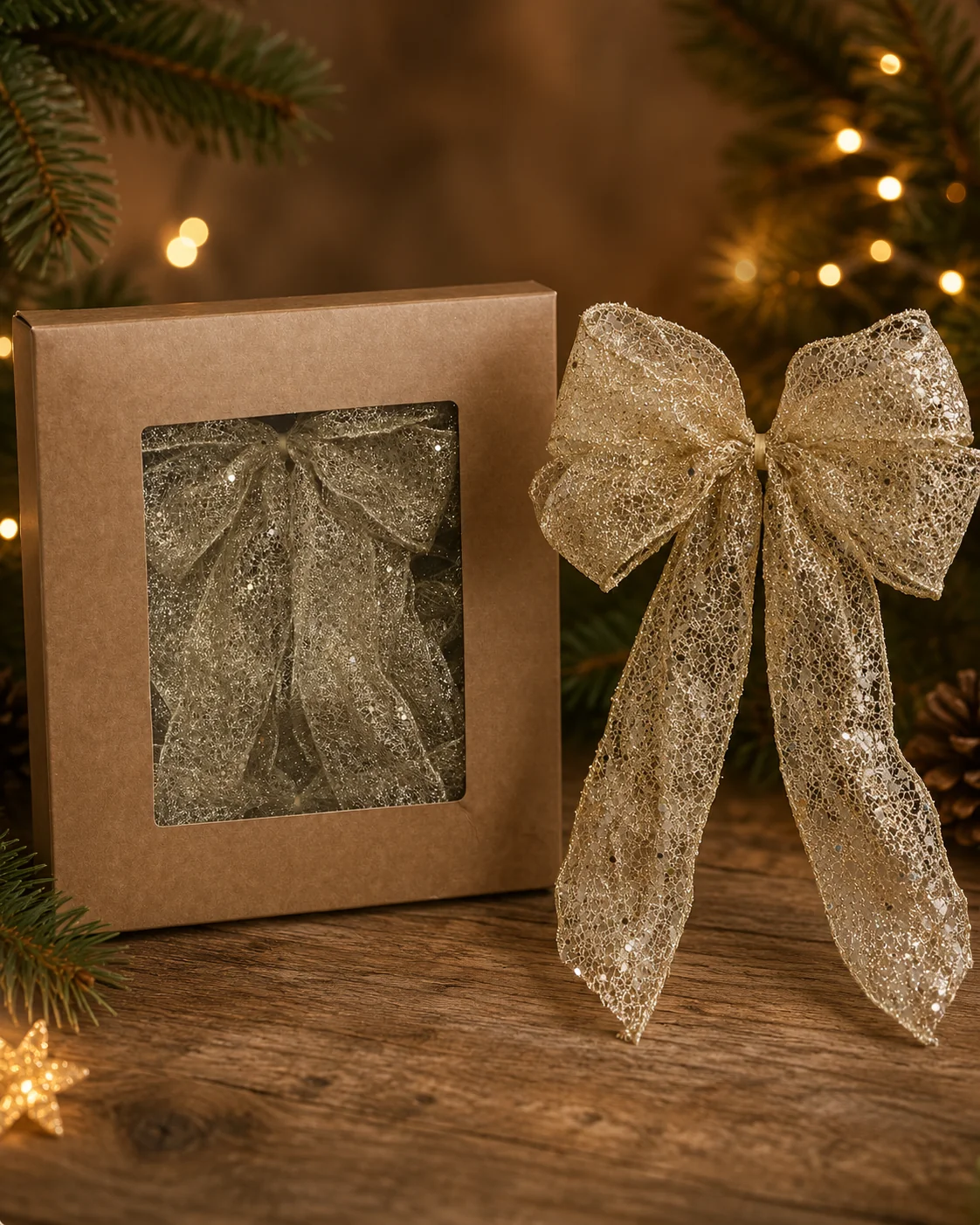 Laços para Árvore de Natal Dourados com Trama Vazada e Brilho 2