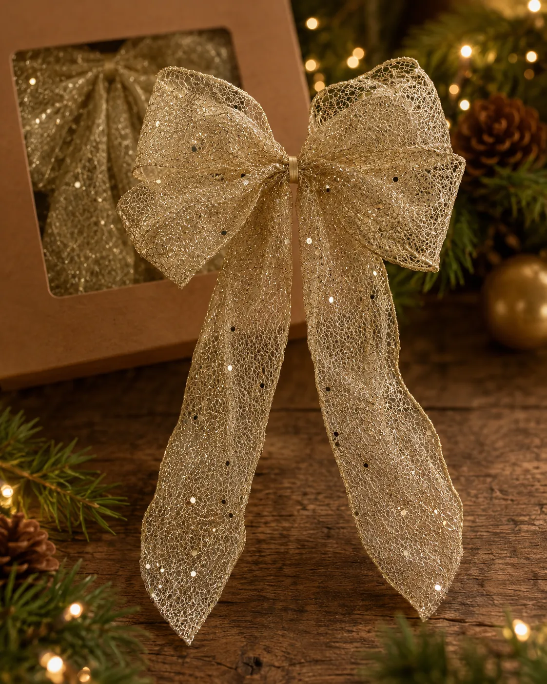 Laços para Árvore de Natal Dourados com Trama Vazada e Brilho 4