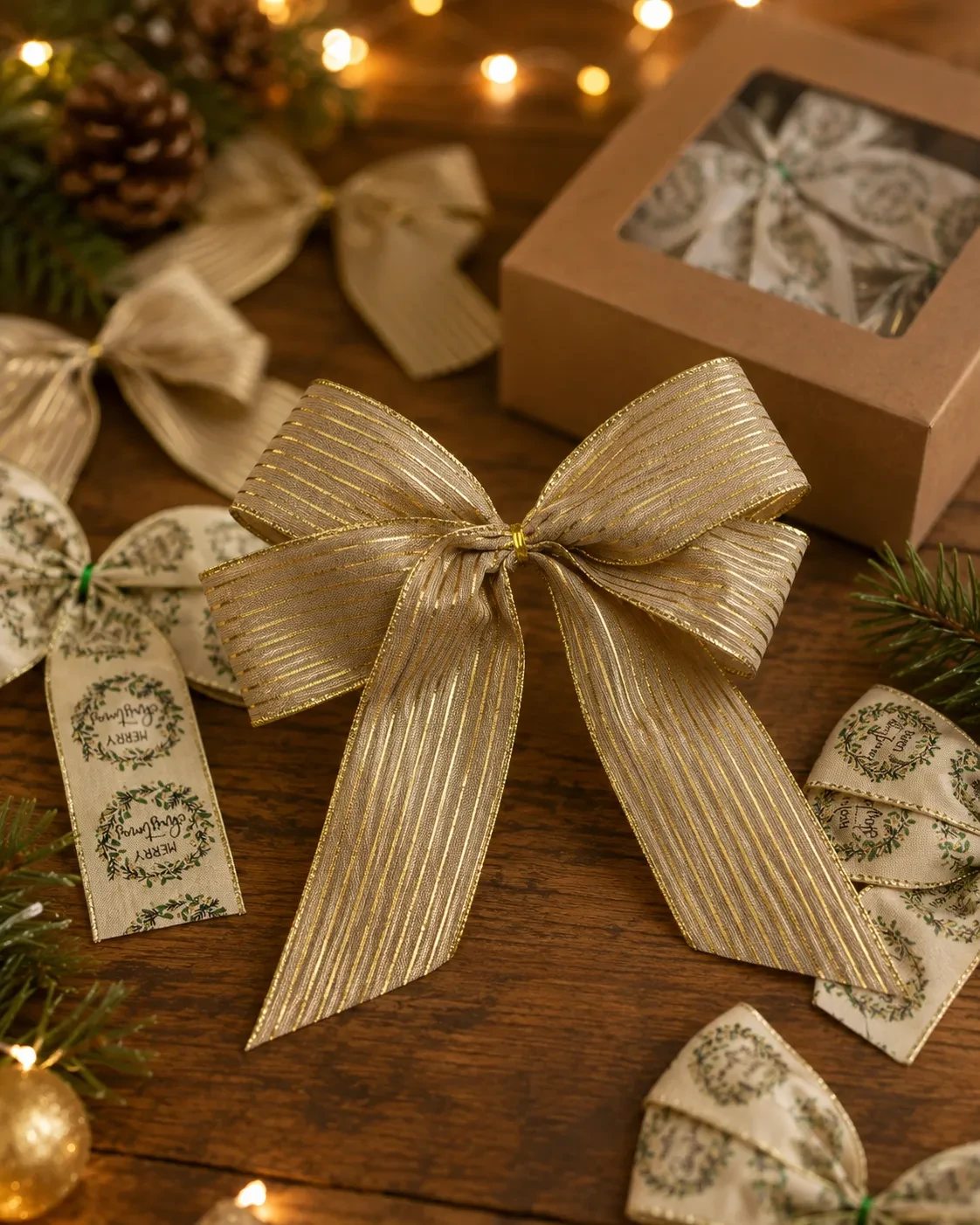 Laços para Árvore de Natal em 2 Modelos: Dourado + Merry Christmas | Kit com 8 peças