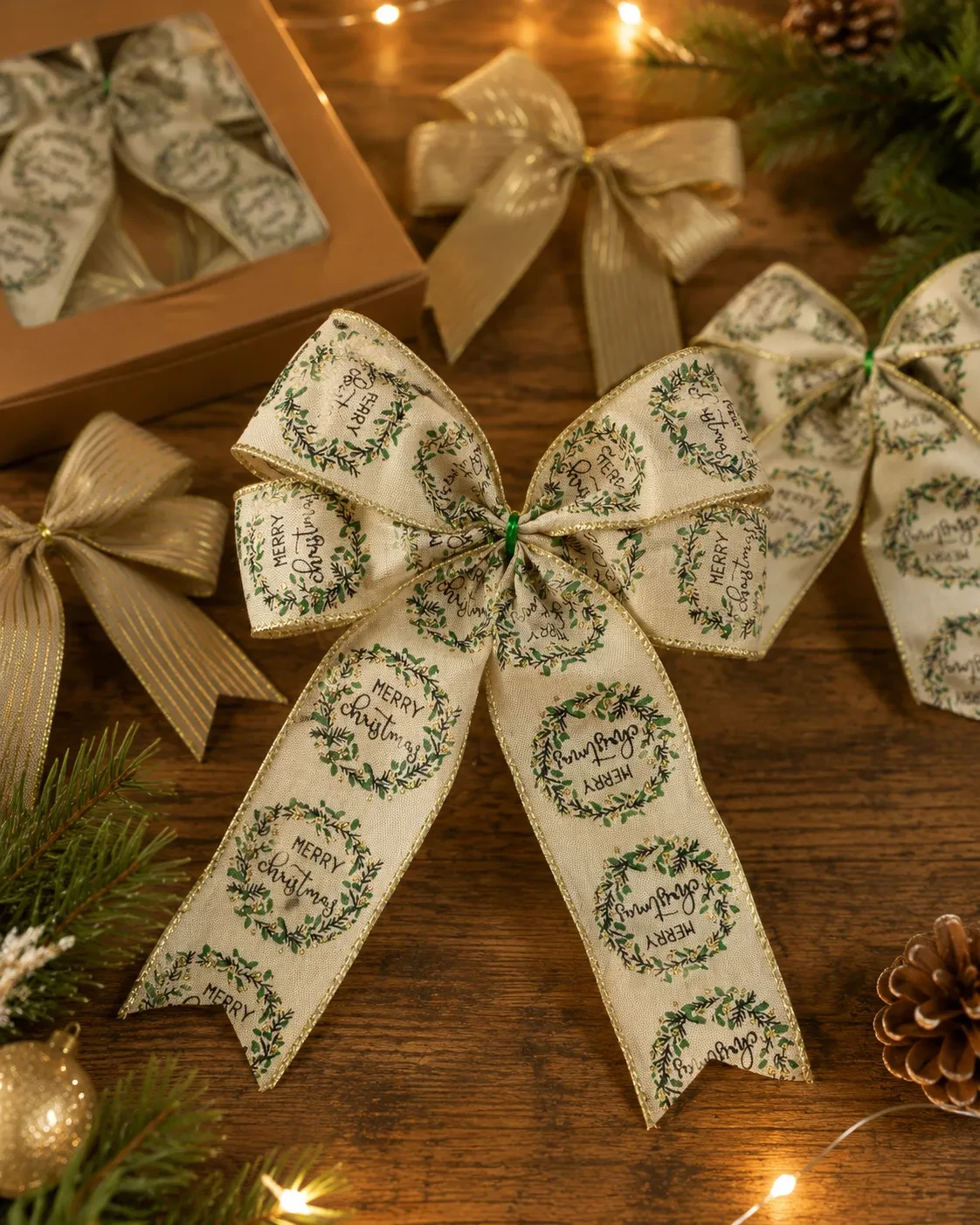 Laços para Árvore de Natal em 2 Modelos: Dourado + Merry Christmas | Kit com 8 peças 2