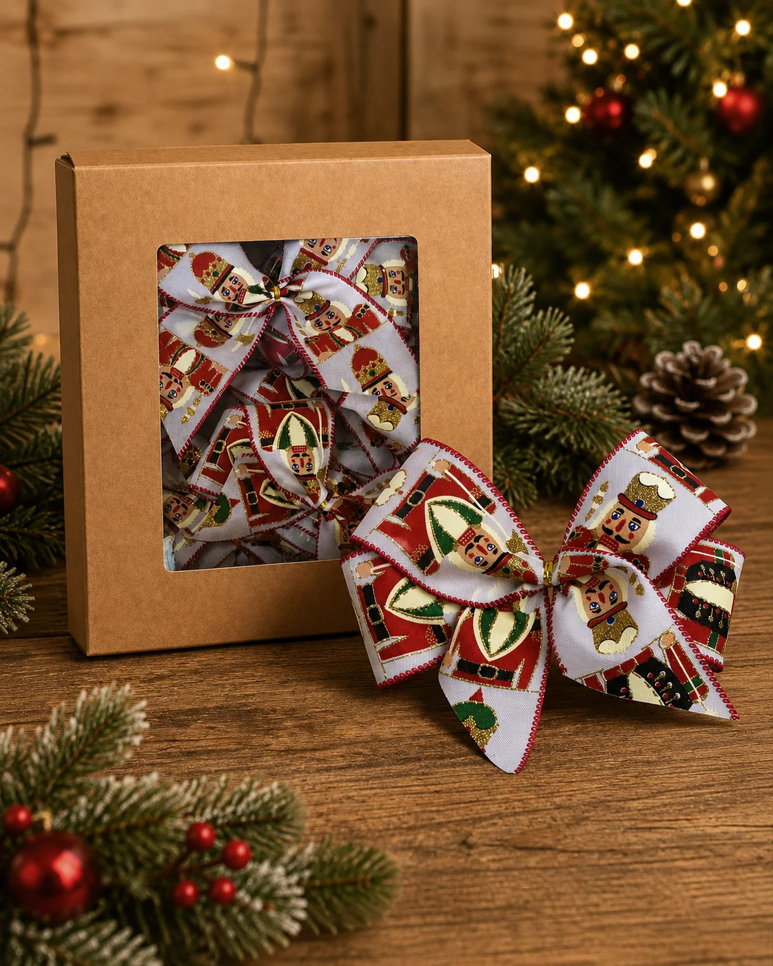 Laços para Árvore de Natal Quebra-Nozes, Branco e Vermelho | Kit com 8 Peças
