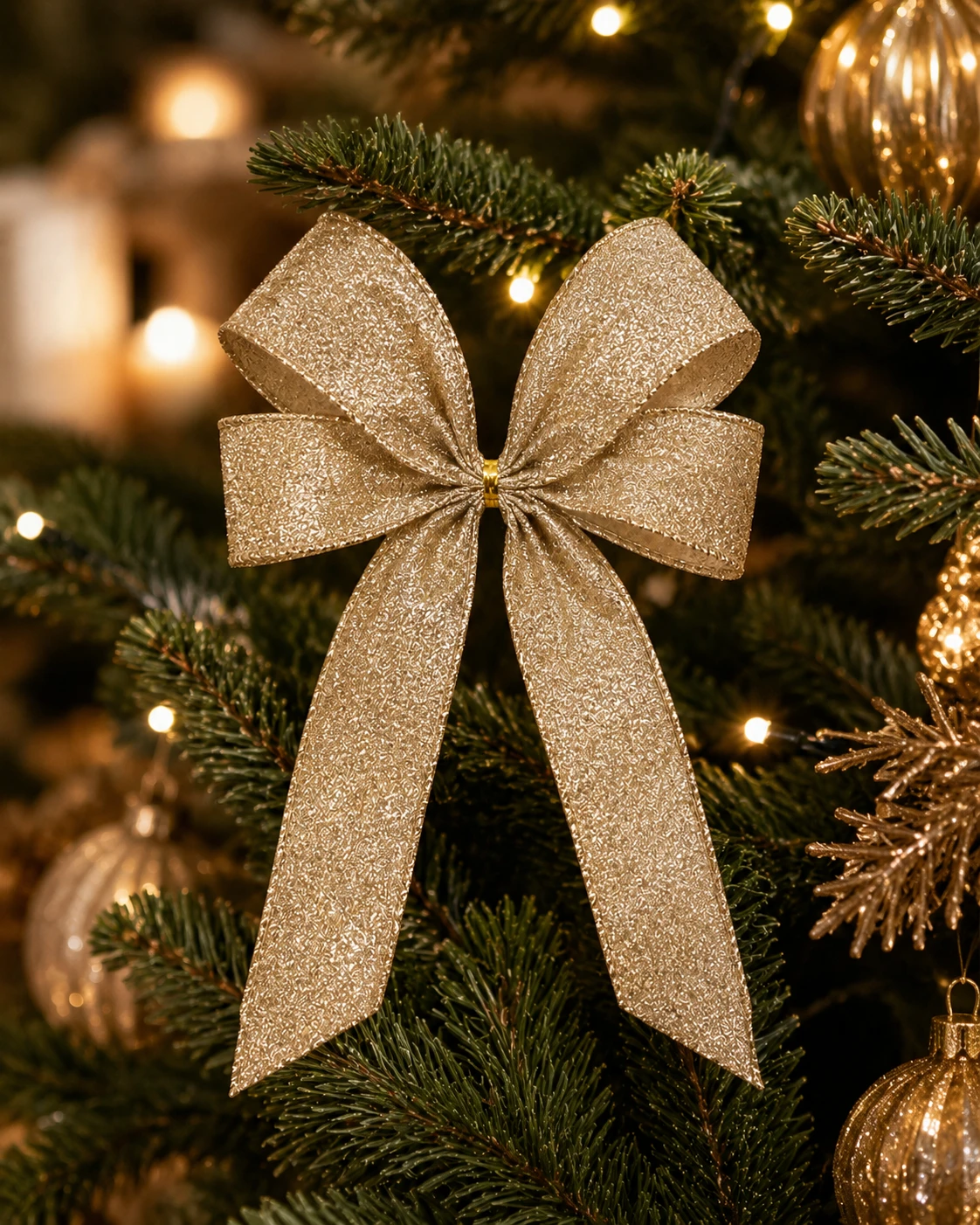 Laços para Árvore de Natal Arabescos, Champanhe e Dourado | Kit com 6 Peças