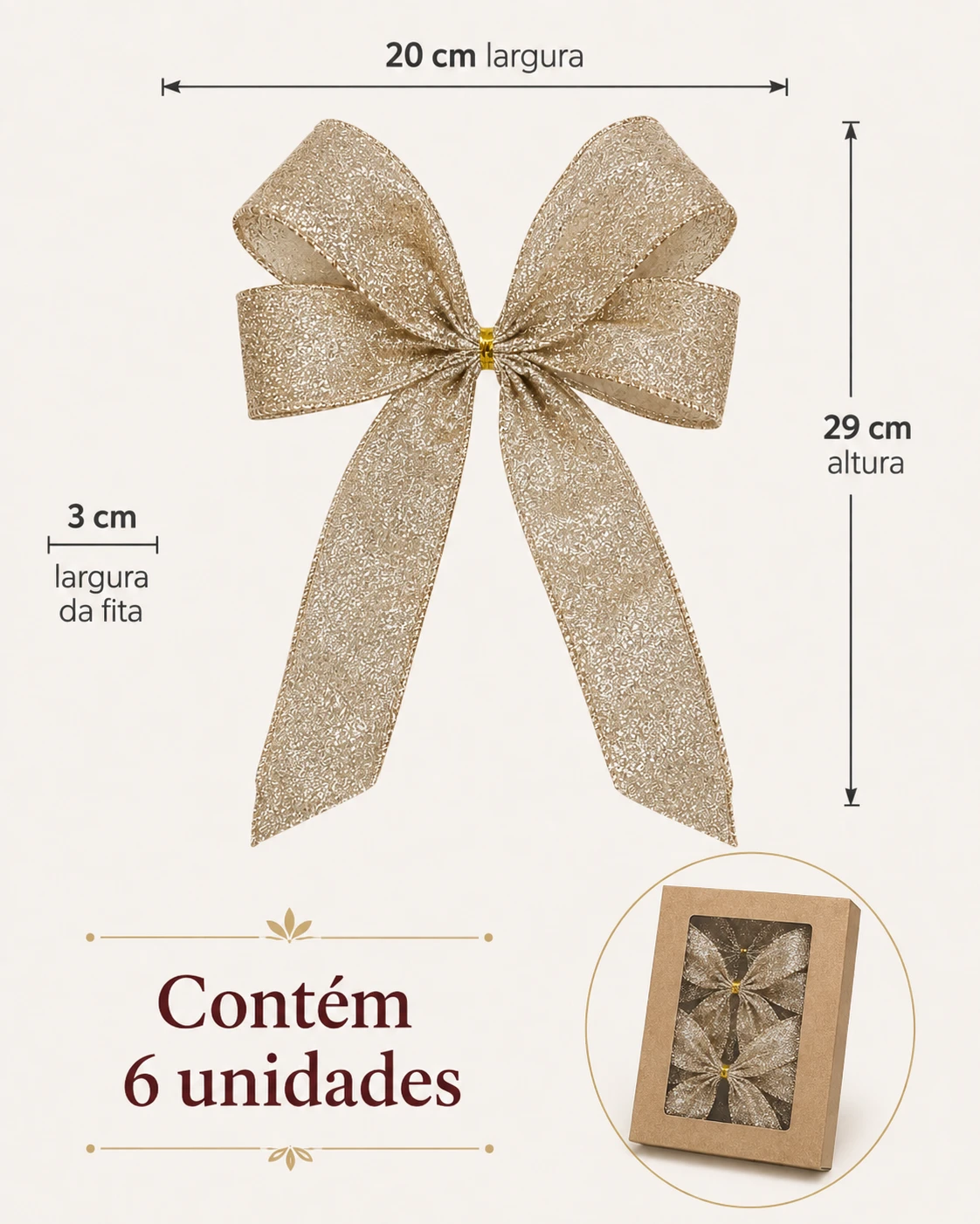 Laços para Árvore de Natal Arabescos, Champanhe e Dourado | Kit com 6 Peças 6