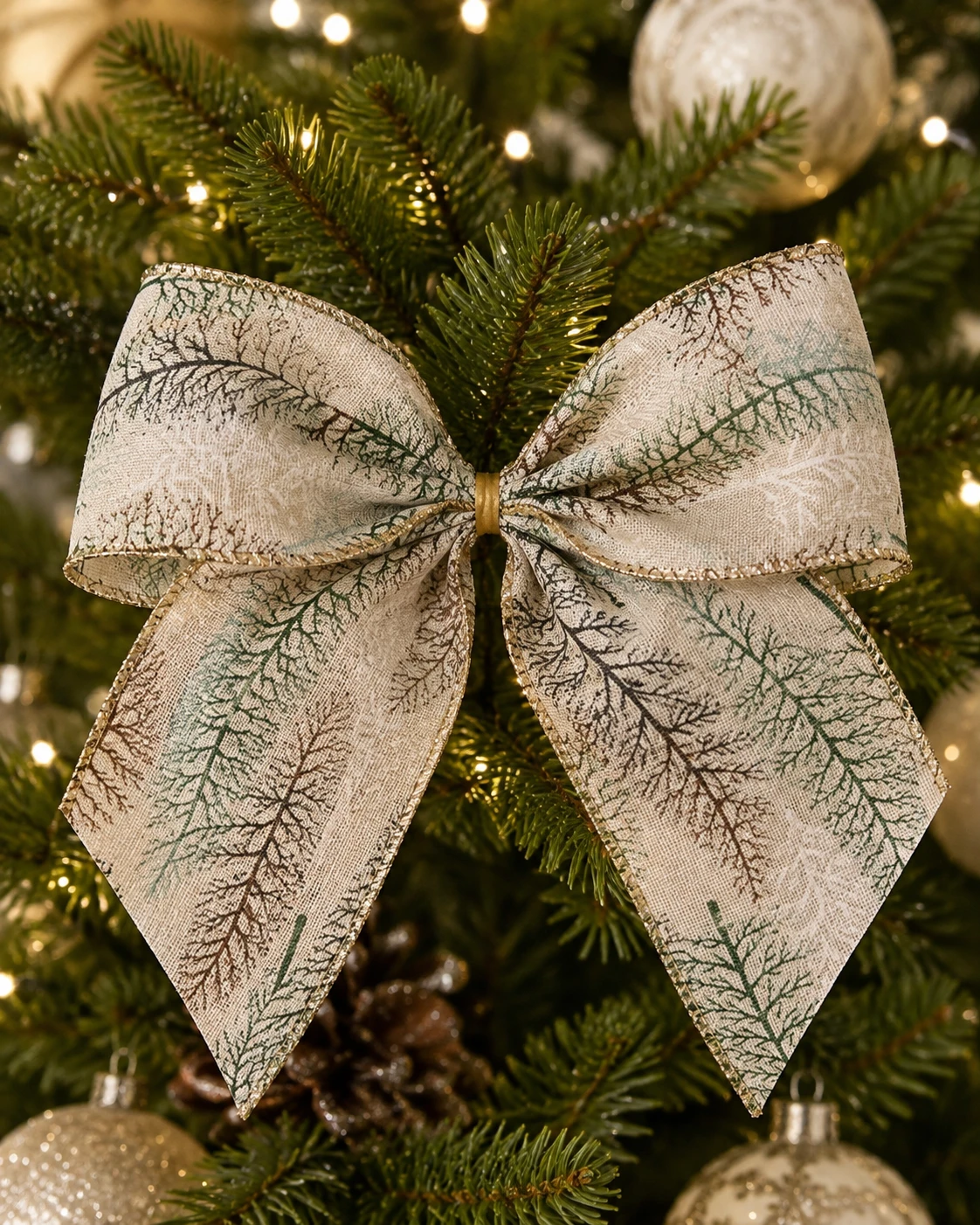 Laços para Árvore de Natal Ramos de Pinheiro, Bege e Verde | Kit com 7 Peças