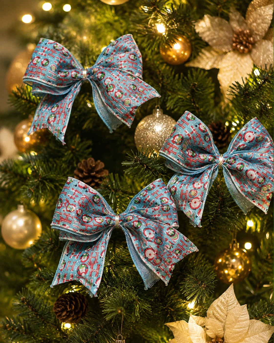 Laços para Árvore de Natal Bonecos de Neve, Azul e Vermelho | Kit com 6 Peças