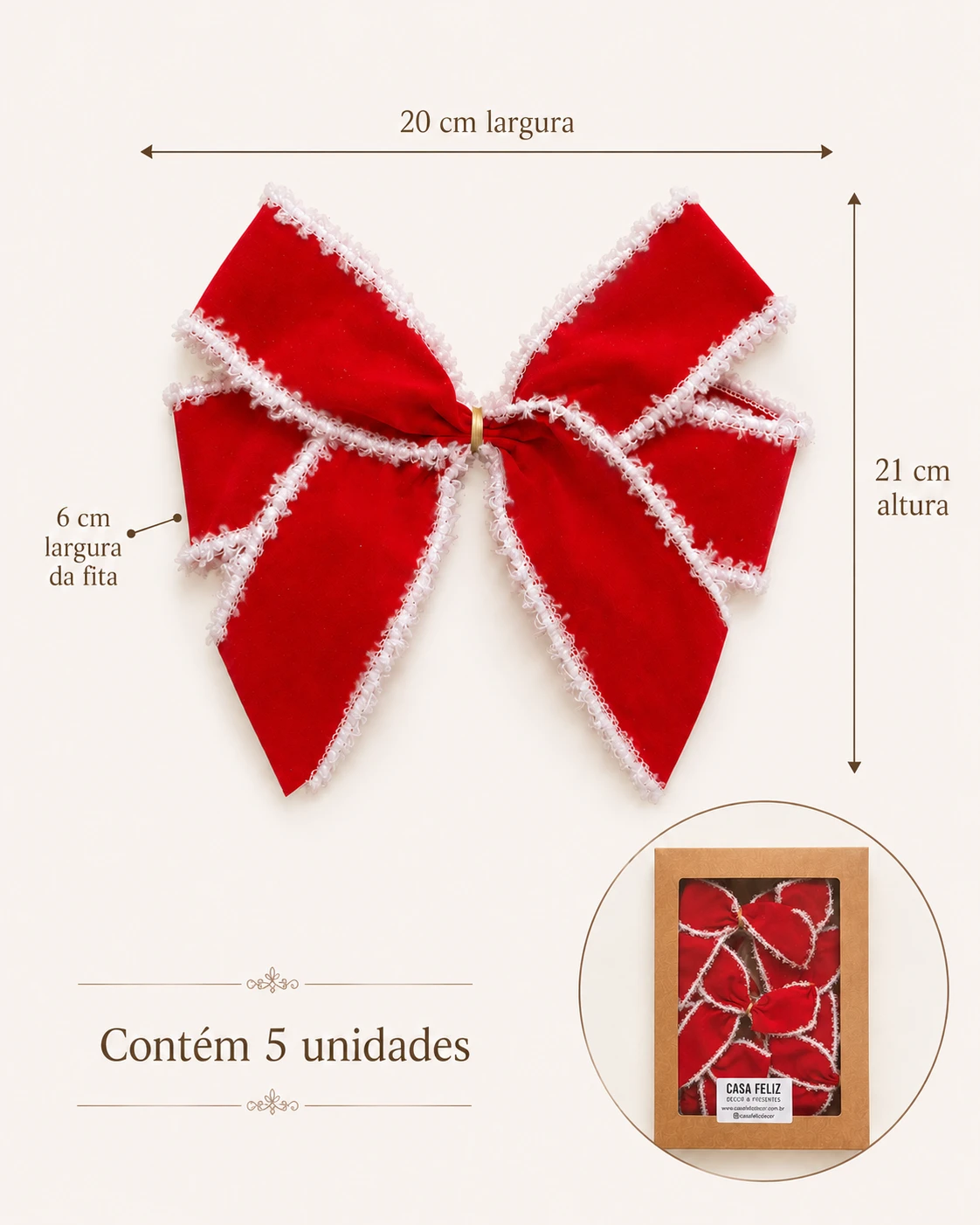 Laços para Árvore de Natal Clássicos, Vermelho e Branco | Kit com 5 Peças 6