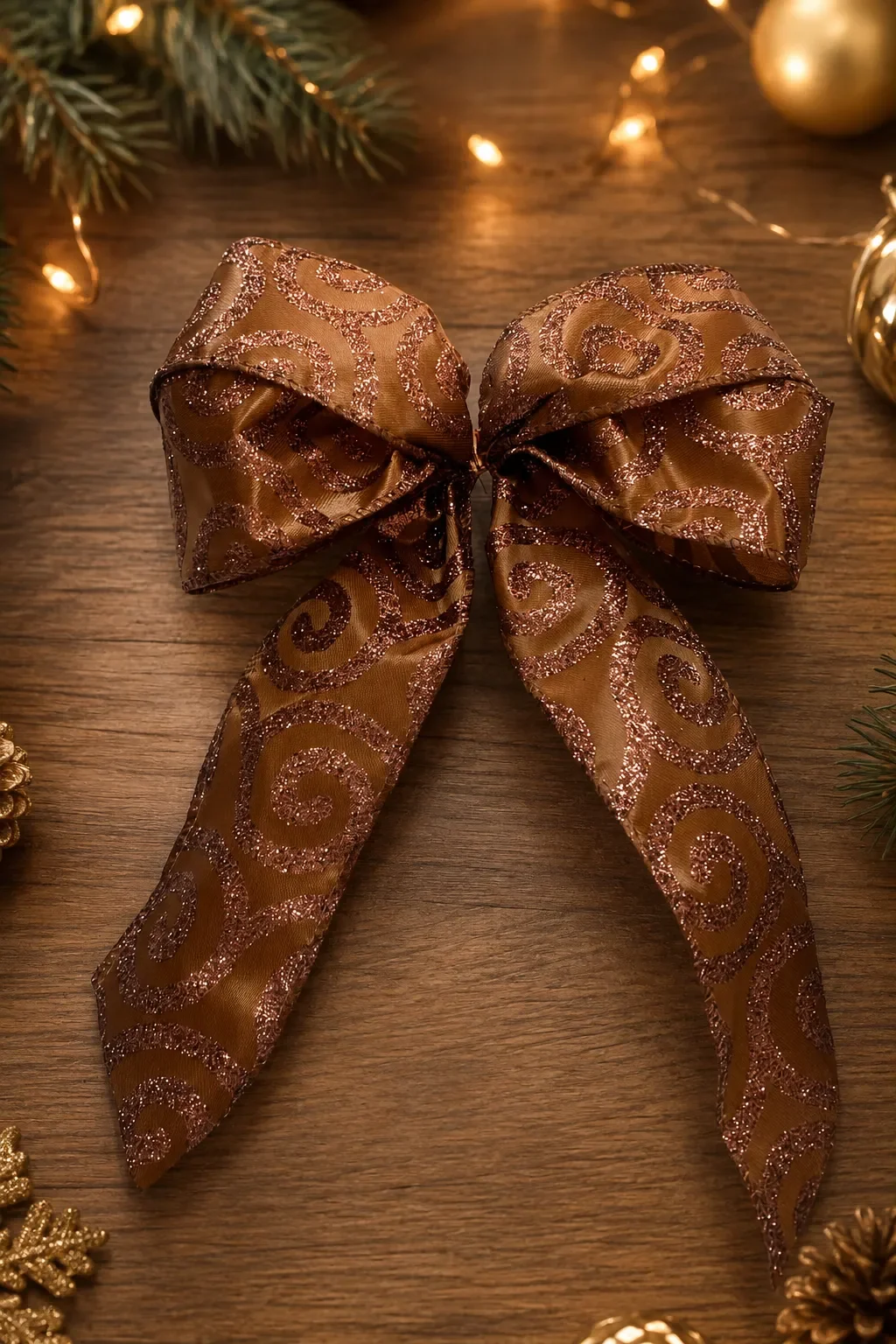 Laços para Árvore de Natal Cobre com Arabescos Brilhantes | Kit com 6 Peças