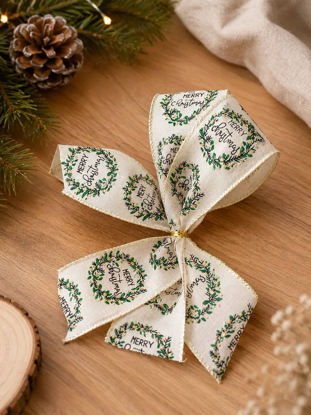 Laço para Árvore de Natal Bege Merry Christmas com Guirlandas | Kit com 6 Peças