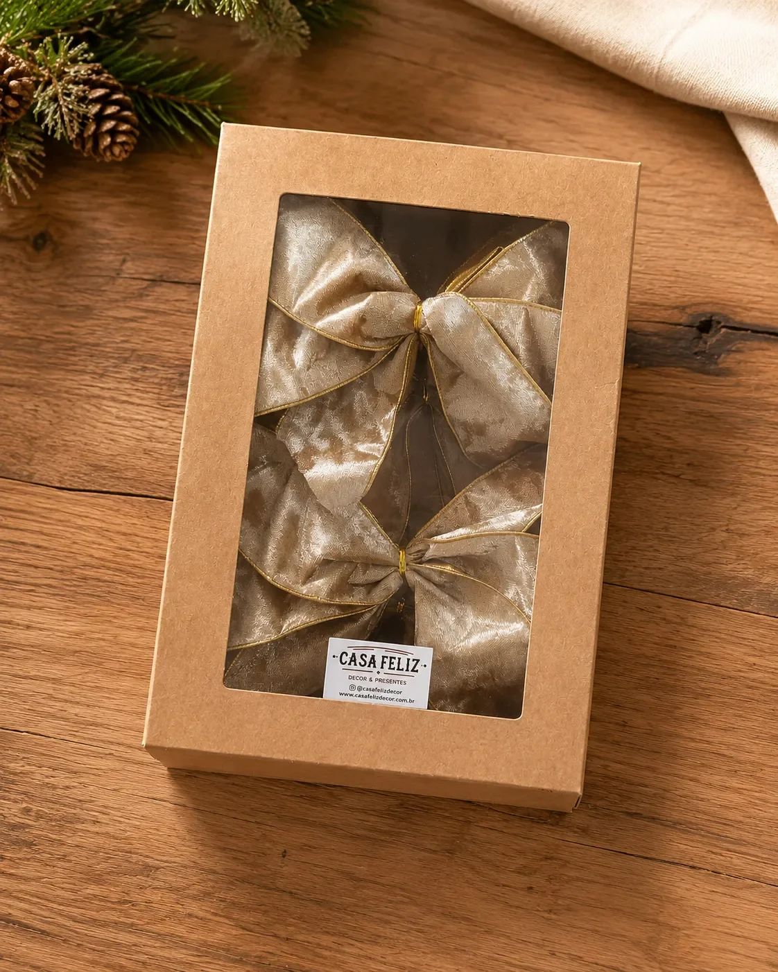 Laços para Árvore de Natal Champagne com Borda Dourada | Kit com 6 Peças 2