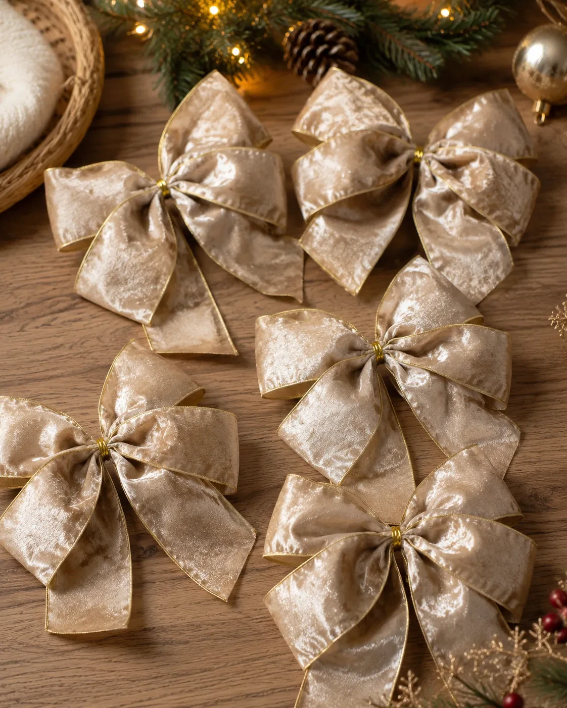 Laços para Árvore de Natal Champagne com Borda Dourada | Kit com 6 Peças 3