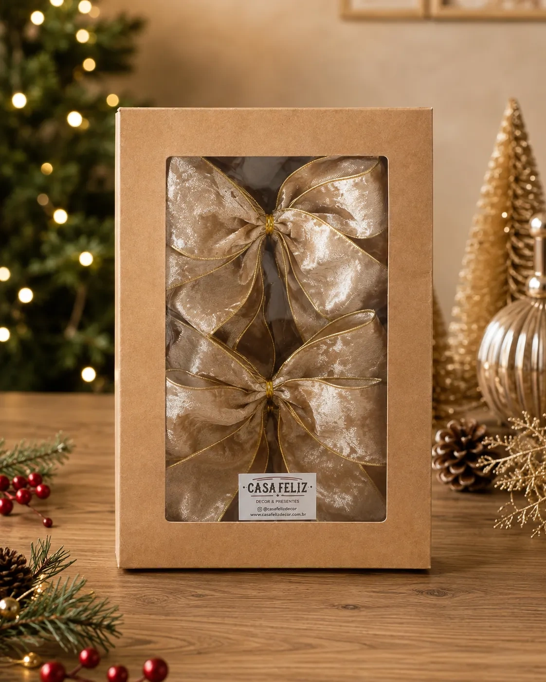 Laços para Árvore de Natal Champagne com Borda Dourada | Kit com 6 Peças 4