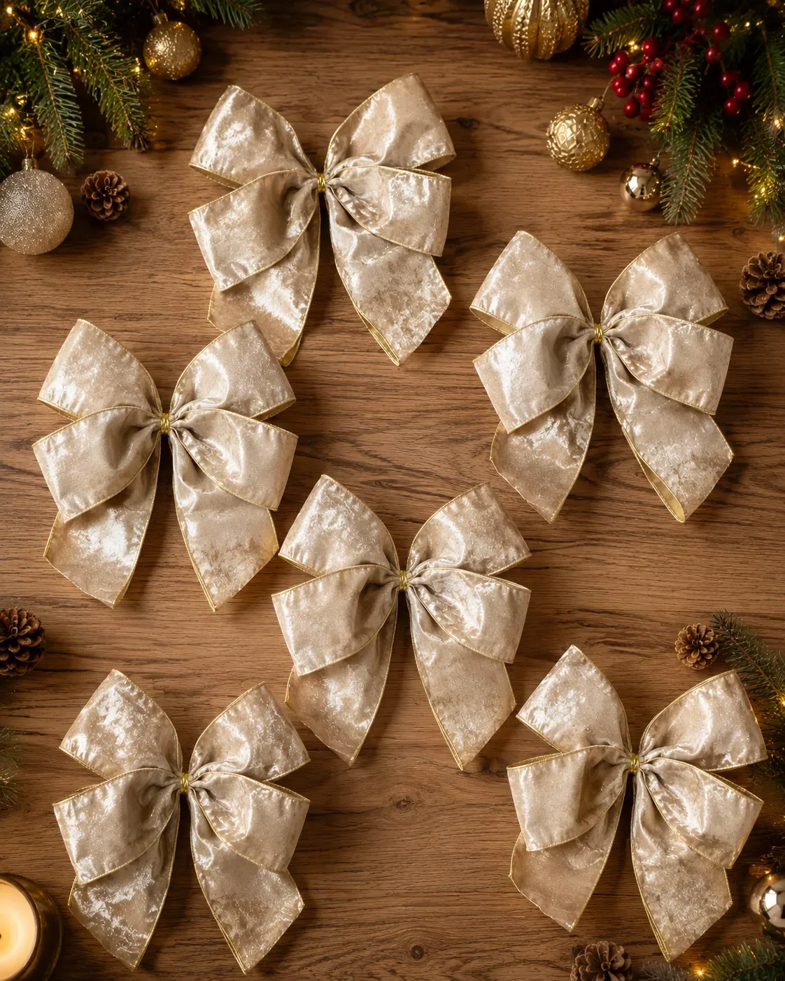 Laços para Árvore de Natal Champagne com Borda Dourada | Kit com 6 Peças 5